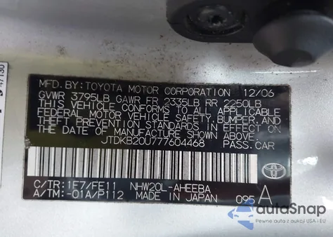 2007 Toyota Prius from USA, damaged, VIN JTDKB20U777604468